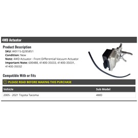Front Differential Vacuum 4WD Actuator - Compatible with 2005-2021 Toyota Tacoma 4WD