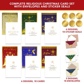 Decorably 18 Pack Gold Foiled Embossed Religious Christmas Cards with Envelopes and Stickers, 6 Designs Printed Message Inside Assorted Christmas Cards Religious, 5x7in Religious Christmas Boxed Cards