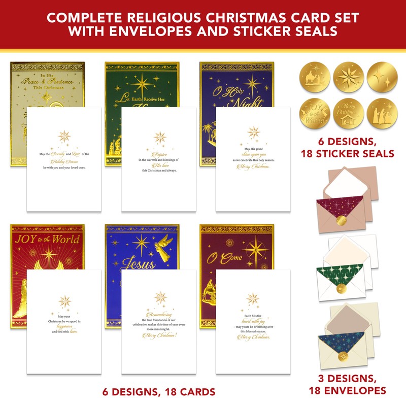 Decorably 18 Pack Gold Foiled Embossed Religious Christmas Cards with