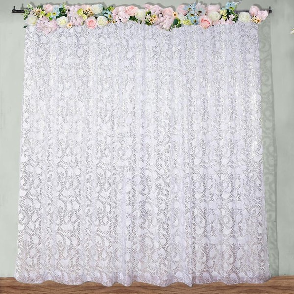 Hanha 9ftx9ft Silver Embroider Sequin Backdrop Curtain, Sparkly Sheer Drapery