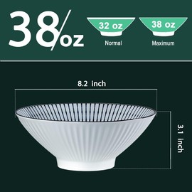 QINLANG 38 oz Japanese Ramen Bowls Set of 6, Pho Bowls, 8 Inches Blue and White Ceramic Soup Bowls, Stripe Pattern