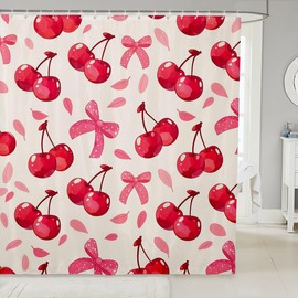 Feelyou Cheery Shower Curtain 72"x84" Bow Ties Bathroom Shower Curtain Set Cute Bath Curtain Waterproof Kawaii Kids Bathroom Accessories Hot Pink