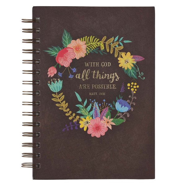 Christian Art Gifts Journal w/Scripture With God All Things Are Possible Mathew 19:26 Bible Verse Floral 192 Ruled Pages, Large Hardcover Notebook, Wire Bound
