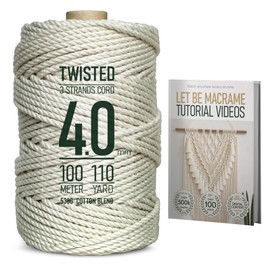 LET BE Macrame Cord 4mm x 110Yards, Easy Tutorial Videos, Premium Twisted Cotton Blend Cord Natural Color for Wall Decor, Wall Hanging Plant and Home Decor (4mm x 100m)