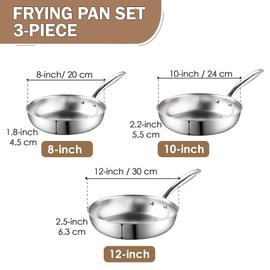 Cook N Home Stainless Steel Frying Pan Set, 8-inch, 10-inch, 12-inch Fry Pan, Tri-Ply Clad 18/10 Stainless Steel Skillet Sauté Cooking Pan, Induction Cookware, 3-Piece