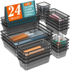 WOWBOX 24 PCS Clear Plastic Drawer Organizer Set, 4 Sizes Desk Drawer Organization and Storage Containers for Makeup, Cosmetics, Jewelry and Gadgets in Kitchen, Bathroom, Bedroom, Office, Clear Black