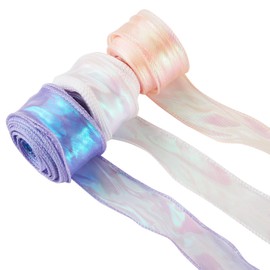 Beadthoven 3 Rolls Iridescent Polyester Fishtail Ribbon Shimmer Chiffon Ribbon for Wedding Bouquet Wrapping Bows Wreaths Decoration Crafts 9m/Roll