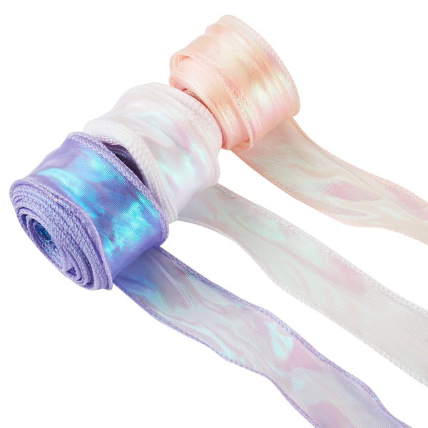 Beadthoven 3 Rolls Iridescent Polyester Fishtail Ribbon Shimmer Chiffon Ribbon