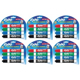 Expo 80174 Low Odor Chisel Point Dry Erase Marker Pack, Designed for Whiteboards, Glass and Most Non-Porous Surfaces, 4 Assorted Color Markers, Pack of 6 Blisters
