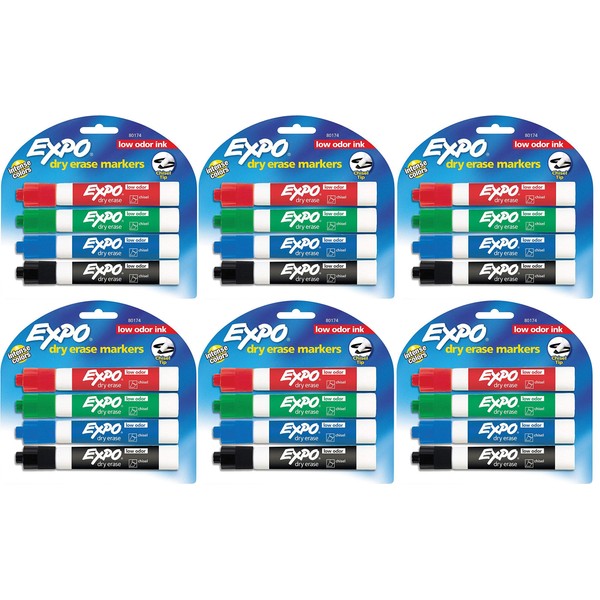 Expo 80174 Low Odor Chisel Point Dry Erase Marker Pack, Designed for Whiteboards, Glass and Most Non-Porous Surfaces, 4 Assorted Color Markers, Pack of 6 Blisters