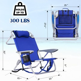 Canpsky Portable Beach Chair for Adults, Outdoor Camping Chair Lay Flat Folding Backpack Beach Reclining Chair with 4 Positions, Headrest, Cooler Pouch, Cup Holder, Blue