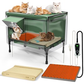 4-in-1 Heated Cat House 24.8×22×16.1 inch for Outside with Heating Pad, Scratching Bed and Elevated Bed, Waterproof Windproof TPU Rain Cover, Large Cat Winter House Outdoor