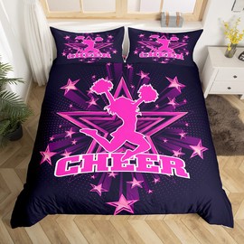 Cheerleader Duvet Cover Set Double Size, Girl Dancer Bedding Set 3pcs for Kids Girls Teens Bedroom Decor, Pink Stars Cheerleading Comforter Cover Soft Polyester Quilt Cover with 2 Pillowcases