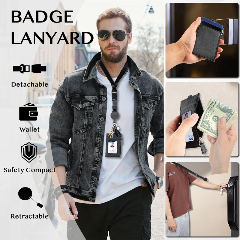 DELSWIN Badge Holder with Retractable Lanyard, PU Leather ID Badge