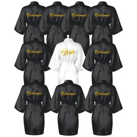 Jecery 10 Pcs Women Bride Kimono Robe Embroidered Getting Ready Satin Bridesmaid Robes for Wedding Party Bridal Shower(White, Black)