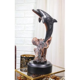Jumping Bottlenose Dolphins Bronze Electroplated Resin Figurine with Base Decor