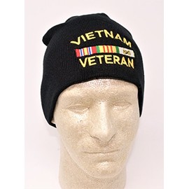 KYS Embroidered Vietnam Vet Veteran Black Gold Military Beanie Cap Stocking Hat