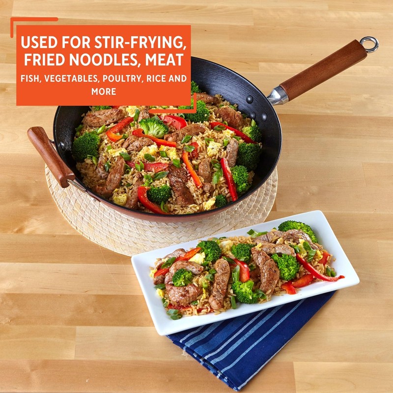 IMUSA USA GKG-61021 Light Cast Iron Wok, 14", Red Handles