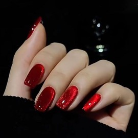 24PCS Press On Nails, Cat' Eyes Short Long Almond Square Coffin Ballet Shape, glue on nails, stick on nails Fake False Nails for Women and Girls (Red Square)