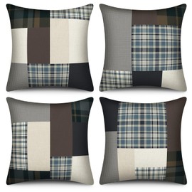 HunnmingRe 4 Pack Farmhouse Patchwork Plaid Throw Pillow Covers 18 x 18 Inch Primitive Rustic Gingham Cushion Case Country Cottage Checkered Throw Pillow Covers for Couch Bed Sofa Living Room Decor
