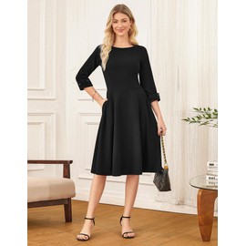 GRACE KARIN Church Dresses for Women Business Casual 3/4 Sleeve Dress Fit and Flare Elegant Midi Work Dress Black L