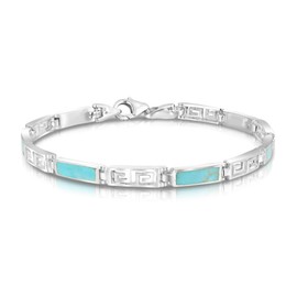 AeraVida Greek Key Labyrinth Stone Inlay .925 Sterling Silver Link Bracelet | Casual Sterling Silver Bangle Bracelet | Jewelry Gift (Green Turquoise)