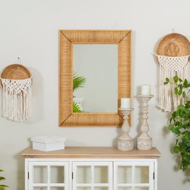 Synovana Boho Rattan Wall Mirror Wooden Framed Rectangle Mirror Rattan Decorative Farmhouse Hanging Mirror for Bathroom Vanity Entryway Living Room Home Wall Decor - 23.82" x 1.78" x 31.5"
