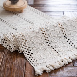 Weldomcor Beige Macrame Table Runner, Boho Cotton Flax Table Runner with Tassels, Rectangular Crochet Lace Mesh Tablecloth for Kitchen, Vintage, Farmhouse, Bohemian Wedding Tabletop Decor, 30 x 240 cm