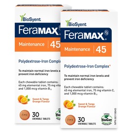 FeraMAX FeraMAX Pd Maintenance 45 Iron Supplement - Great Tasting Orange Flavor Iron Supplement for Prevention of Iron Deficiency - 45mg of Elemental Iron per Chewable Tablet (2-Pack)