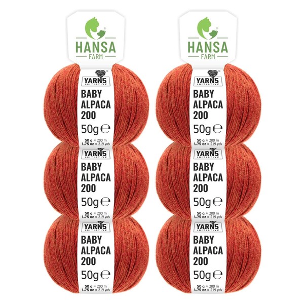 HANSA-FARM 100% Alpaca Wool in More Than 50 Colours (Non-Punge), 300 g Set (6 x 50 g), Baby Alpaca Wool Soft for Knitting and Crochet in 6 Thicknesses of Wool Yarn Orange (Heather)