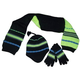 N'Ice Caps Big Boys Racer Striped Knitted Hat/Scarf/Glove Set (8-12 Years, Black/Grey/Royal/Neon Yellow Fleece Lined)
