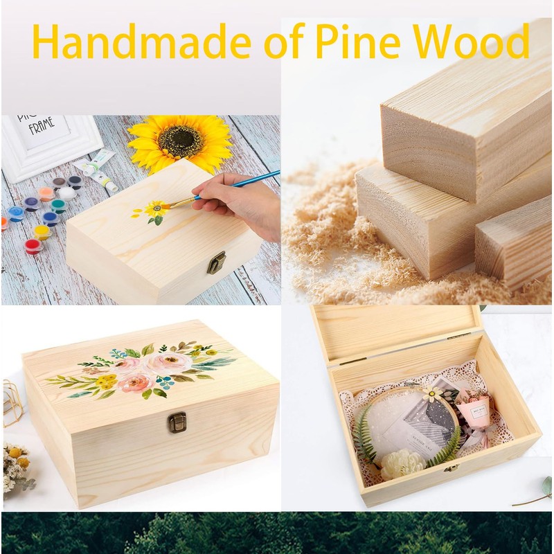 YXFZPAN Wooden Box with Hinged Lid - 8x6x3 Inch Natural