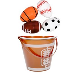 Sports Easter Eggs and Football Bucket Set, Set of 6 Plastic Eggs with Basketball, Baseball, Football, Soccer Designs