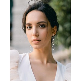 SWEETV 18K Gold Plated Long Pearl Drop Dangle Earrings for Women, Chain Pearl Dangling Wedding Bridal Earrings for Brides Bridesmaids, Prom Jewelry Gift for Adult