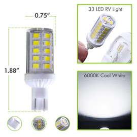 Leisure LED 2 Pack RV LED Light Bulbs 450LM Cool White 6500K T10 921 922 912 33SMD LED Replacement Light Bulbs for RV Indoor Lights 10-30V (Cool White 6500K, 2-Pack)