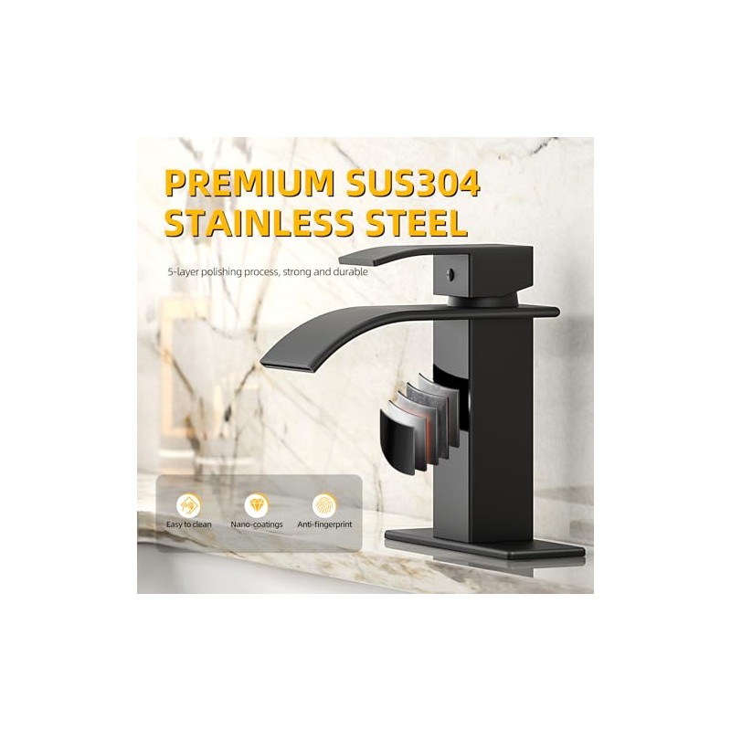 Ryuwanku Bathroom Faucet Matte Black Modern Waterfall Bathroom Sink Faucet