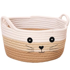 Cat Toy Box, 8.3 X 4.7 Inch Cat Toy Basket, Cat Basket for Pet Toys Cute Storage Basket with Ears Decorative Small Toy Box for Puppy Decorative Storage Basket(White Brown Khaki)