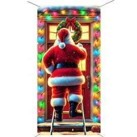 Christmas Door Cover Decoration, Santa Door Hanging Banner Funny Xmas Background Santa Claus Backdrop Christmas Party Decorations Photo Booth Prop for New Year Christmas Eve, 71 x 35 Inch