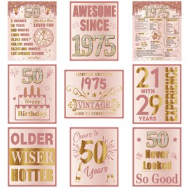 Turypaty 50th Birthday Decorations for Girls, 9Pcs Pink Rose Gold 1975 Birthday Banner Signs for Walls Doors Windows Yard Garden Party Supplies, Happy 50 Years Old Bday Table Toppers Photo Props Decor
