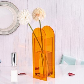 Orange Acrylic Vase, Modern Acrylic Geometric Wide Mouth Small vase, Orange Flower Vase for centerpieces Desk Flower Bud vase, for Living Room Table, Office, Wedding
