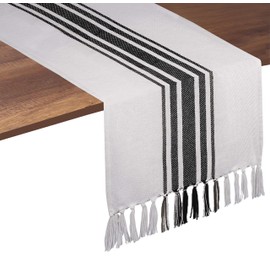 Native Fab Pure Cotton Table Runner Farmhouse 108 Inches Long - Wedding Table Runners with Fringes, Parties Rustic Bridal Shower Decor Dining Table Runners 14x108 Black White