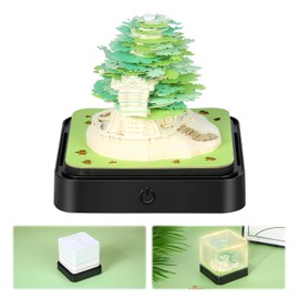 Desk Calendar with Lights, 2025 Desk Calendar 3D Memo Pad Paper Art Sakura Tree Creative 3D Notepad Paper Carving Gift Desktop Decoration (Green Tree)