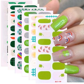 6 Sheets Glitter St. Patrick's Day Gel Nail Stickers for Nail Art Green Shamrock Nail Polish Stickers 3D Self-Adhesive Luck Clover Rainbow Design Irish Full Wraps Gel Nail Strips for Women Nail Salon
