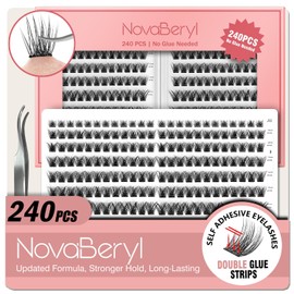 Self Adhesive Lash Clusters,Volume Eyelashes Cluster 240PCS,Double-Row Sticky Strips No Glue Needed,8-16mm DIY Individual Lash Extensions,Soft Thick False Eyelashes with Tweezers by NovaBeryl