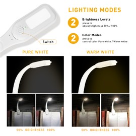 RADIXIUM LED Rechargeable Book Light for Reading in Bed - Eye Caring 3 Color Temperatures, Stepless Dimming Brightness, Perfect for Book Lovers (White)