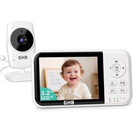 GHB Baby Monitor with Camera and Night Vision, 3.2 Inch Screen, 2-Way Audio, Temperature Sensor, 2X Zoom, Lullabies, Feeding Reminder, ECO Mode