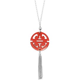 ZENZII Resin Pendant Tassel Necklace - Long Fashion Circle Acrylic Disk Charm with Gold Chain for Women (Silver/Red)