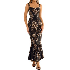 HTZMO Women Casual Summer Floral Maxi Dress Square Neck Boho Wedding Guest Elegant Long Sundress BlackFloral M