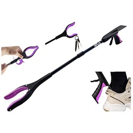 GrabRunner Reacher Grabber Tool with Strong Magnetic for Elderly 32 inch，Strong Aluminum Tube，90° Rotating Head Trash Gripper, Litter Picker, Extended Arm Aid Reacher Grabber (Pink Shoehorn)