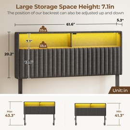 Rolanstar Headboard for Queen Size Bed with Storage, Velvet Upholstered Head Board with USB & Type C Port, 60,000 DIY Color of LED Light, Height Adjustable, Sturdy, Easy Assembly, Grey